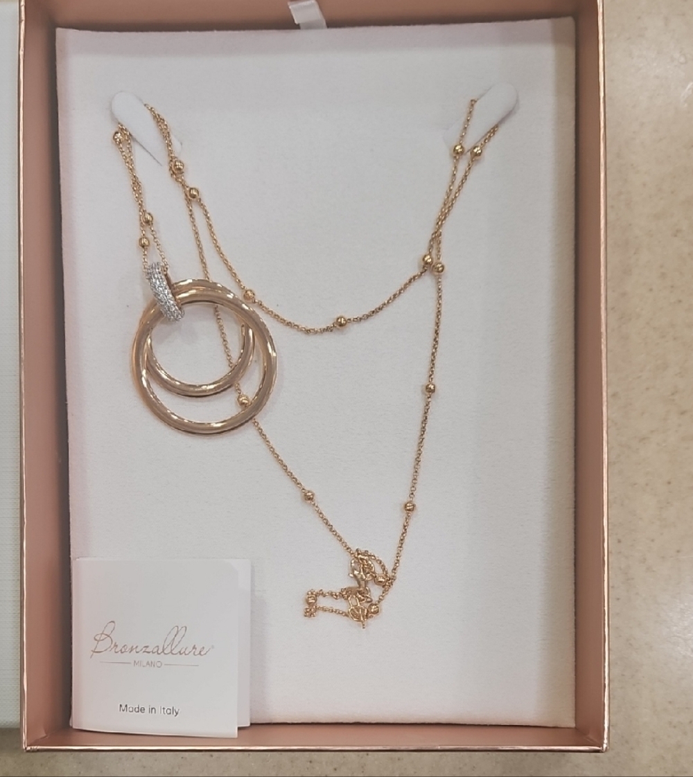 Bronzallure 18k Rose Gold Layered Interlocking Circle Necklace with Pavé Accent